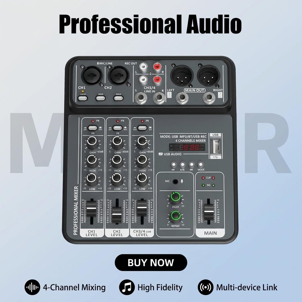 Audio Music Dj - 4チャンネルプロオーディオミキシングコンソール、48Vファンタム電源、USB/Bluetooth対応、スタジオ、カラオケ、音楽制作用DJミキサー