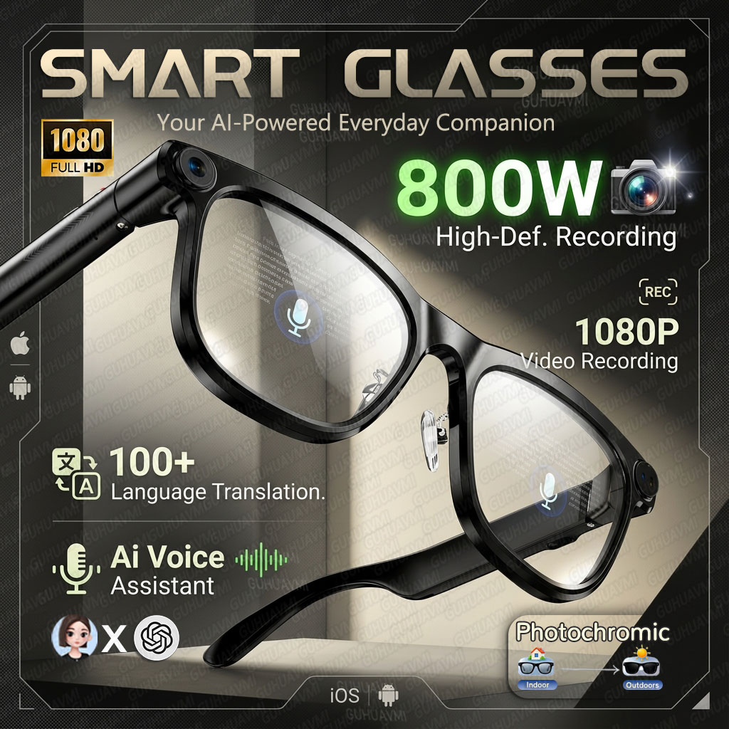 Audio Music Image - 2026年、大人気！AI搭載スマートグラス。男性向け。AI翻訳機能、8MP HDカメラ、4K撮影、Bluetooth通話、録音、音楽再生機能付き。
